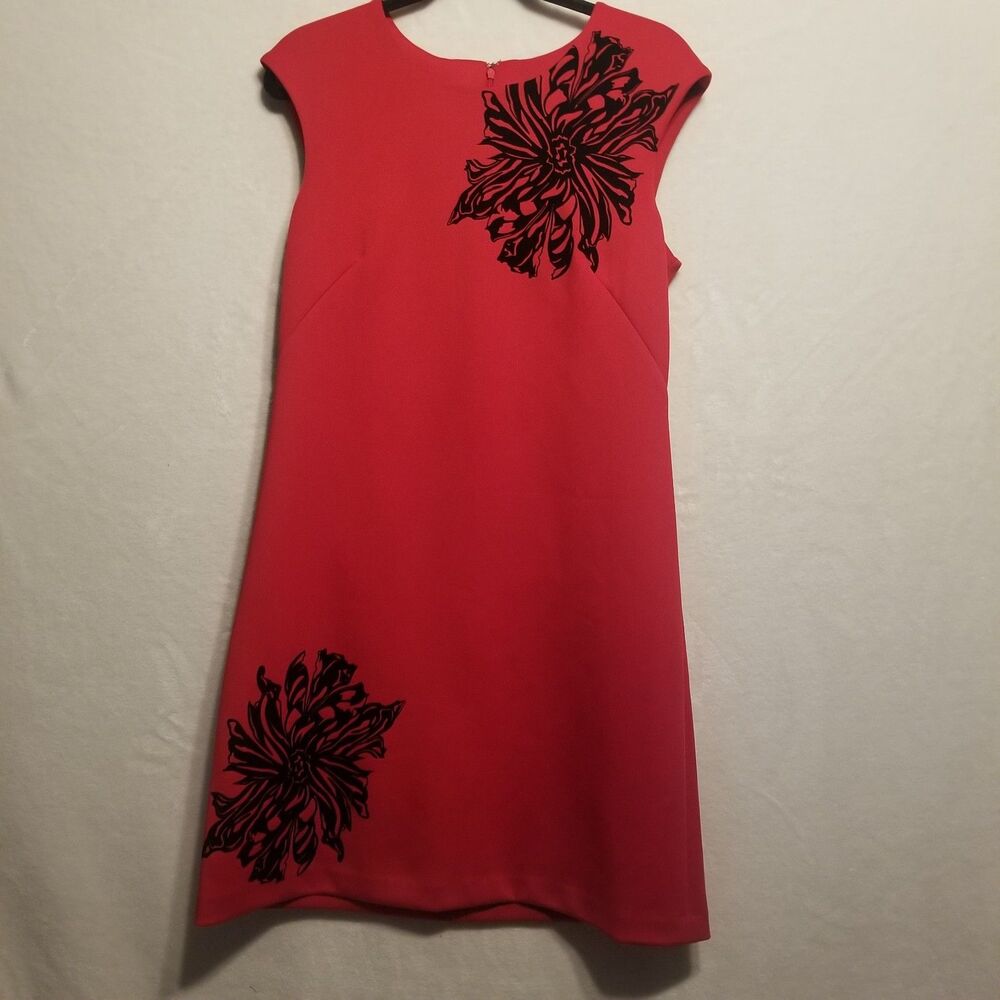 Calvin Klein 10 Dress Red Scuba Flocked Floral Sheath Career Whimsigoth Office